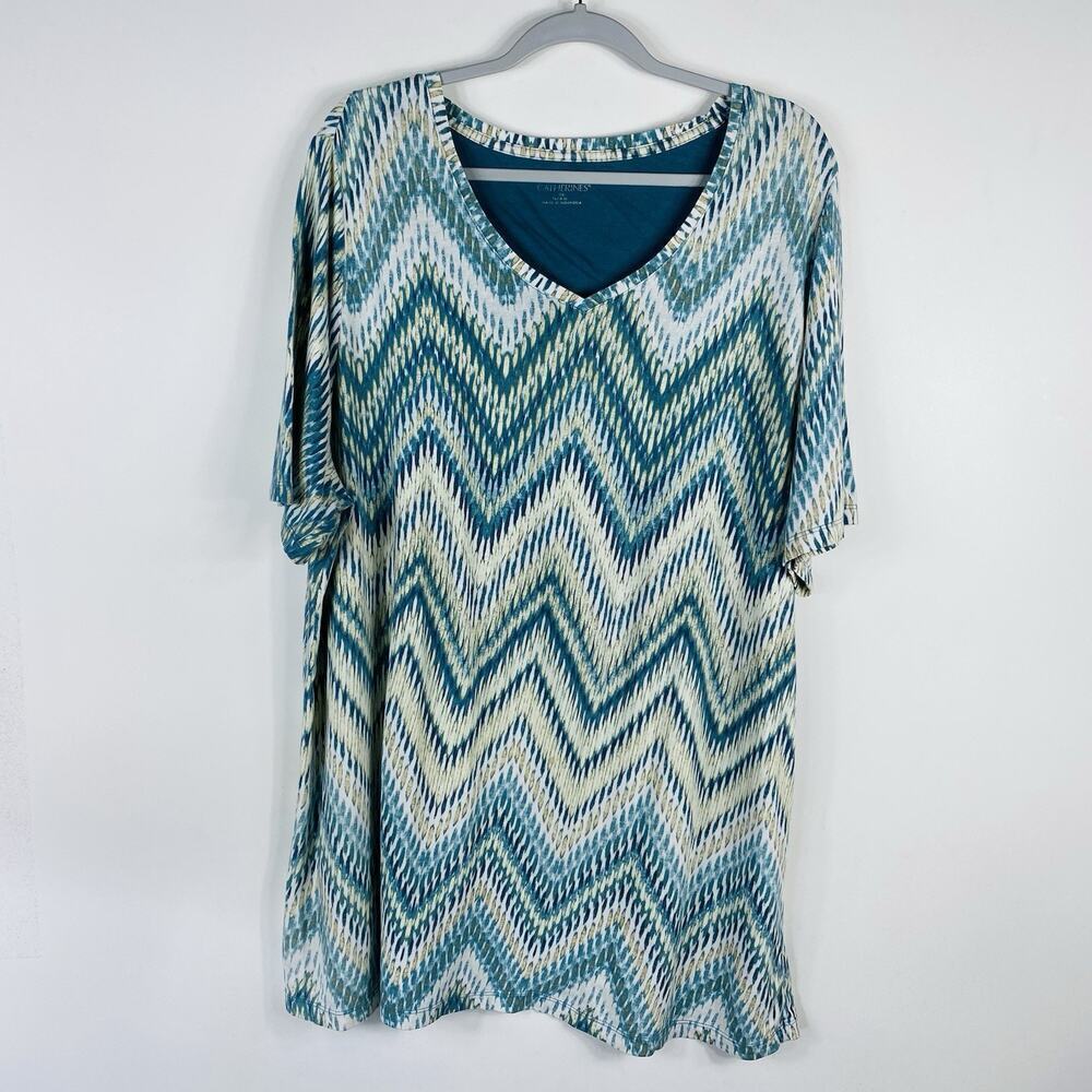 Catherines T-Shirt 0X 14 16 Tee Top Green Short Sleeve V-Neck
